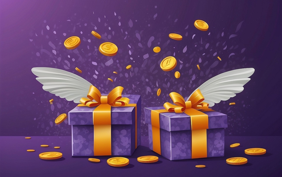 Bonus word flying from textured gift box and purple background. Winning prize vector illustration